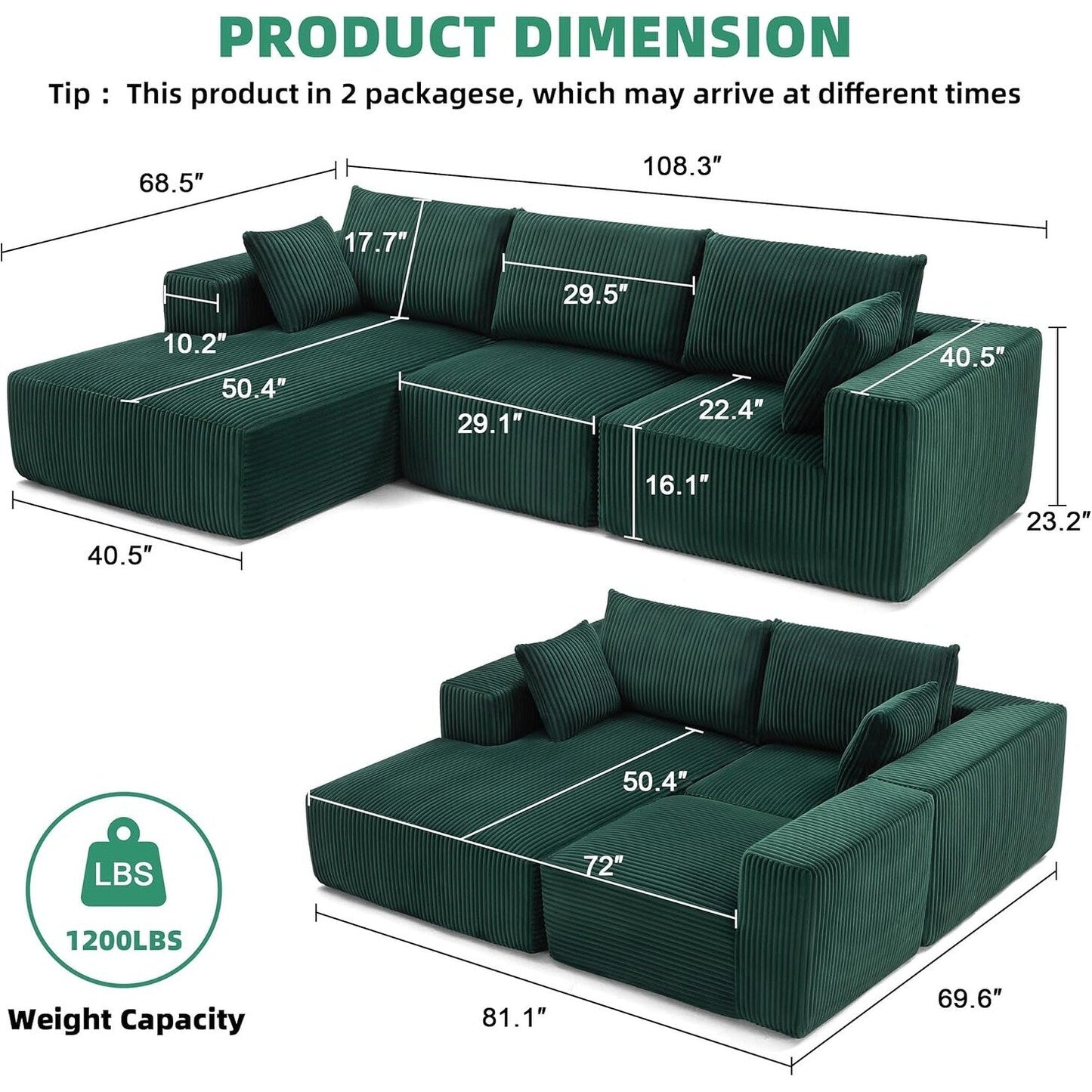 Divano componibile modulare 108 Cloud - Divano a L con seduta profonda e chaise longue, divano imbottito per soggiorno e camera da letto