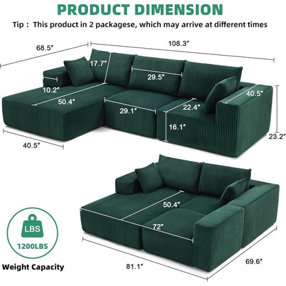 Divano componibile modulare 108 Cloud - Divano a L con seduta profonda e chaise longue, divano imbottito per soggiorno e camera da letto