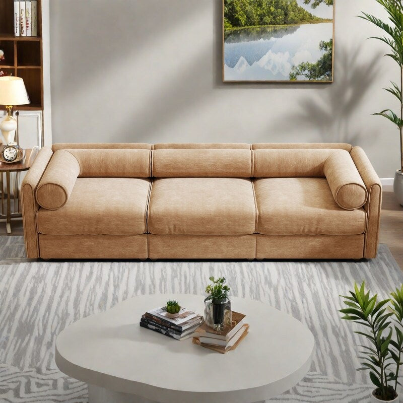 Divano 109 in ciniglia a 3 posti con vano contenitore, schienale cilindrico e design modulare