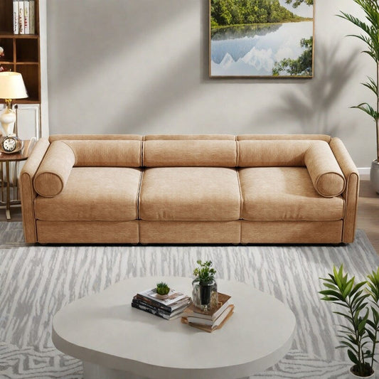 Divano 109 in ciniglia a 3 posti con vano contenitore, schienale cilindrico e design modulare