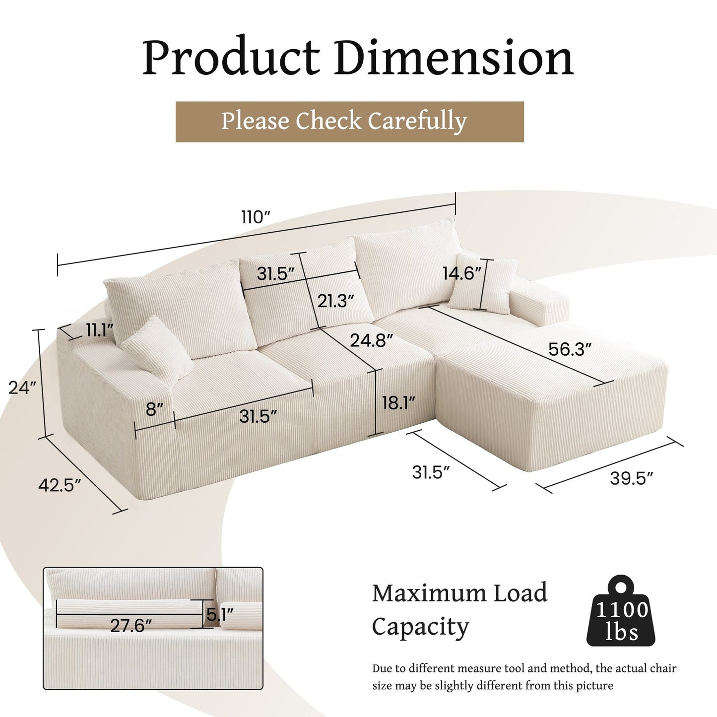 Divano componibile a L da 110, divano a 3 posti con chaise longue e compressione completa