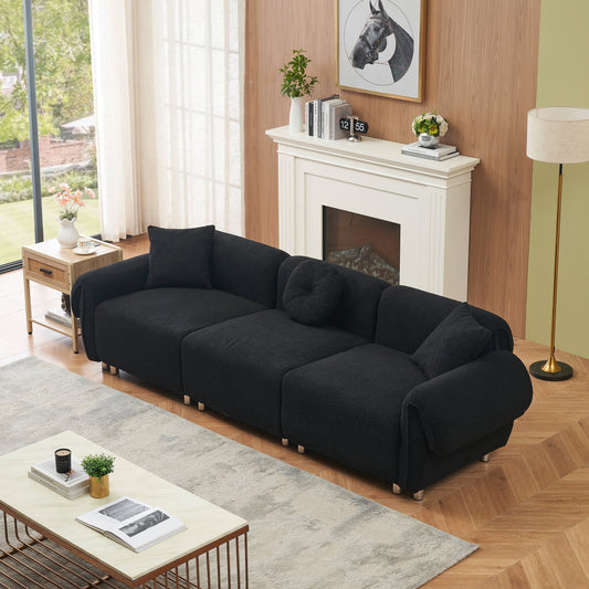 Divano a 3 posti in tessuto Teddy da 112'' con 3 cuscini, antigraffio, con morbida imbottitura e gambe in metallo