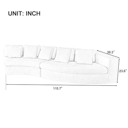 Divano modulare in schiuma pura 115.7, set da 2 pezzi con 5 cuscini, 4 posti, tessuto jacquard ciniglia, design curvo