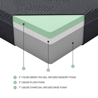 Materasso singolo da 11 pollici, materasso in memory foam con infusione di gel al tè verde, grigio, materasso in una scatola
