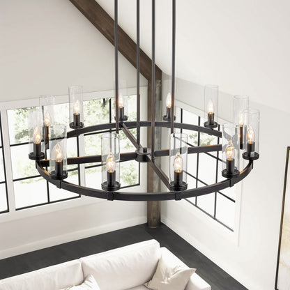 Lampadario a ruota di carro in vetro trasparente con cilindro in stile Mid-Century Modern, 12 luci, grande lampadario in oro/nero