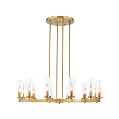 Lampadario a ruota di carro in vetro trasparente con cilindro in stile Mid-Century Modern, 12 luci, grande lampadario in oro/nero