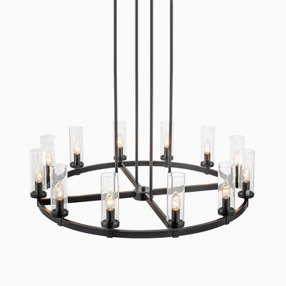 Lampadario a ruota di carro in vetro trasparente con cilindro in stile Mid-Century Modern, 12 luci, grande lampadario in oro/nero