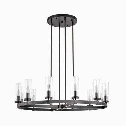 Lampadario a ruota di carro in vetro trasparente con cilindro in stile Mid-Century Modern, 12 luci, grande lampadario in oro/nero