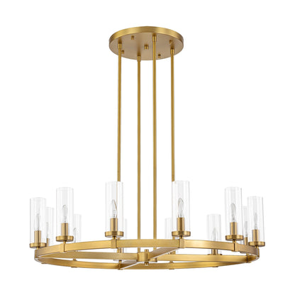 Lampadario a ruota di carro in vetro trasparente con cilindro in stile Mid-Century Modern, 12 luci, grande lampadario in oro/nero