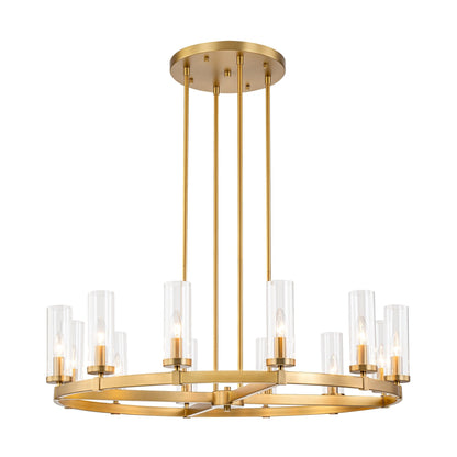 Lampadario a ruota di carro in vetro trasparente con cilindro in stile Mid-Century Modern, 12 luci, grande lampadario in oro/nero