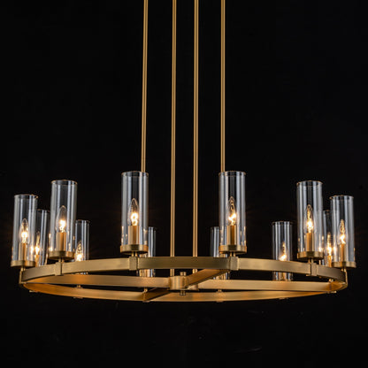 Lampadario a ruota di carro in vetro trasparente con cilindro in stile Mid-Century Modern, 12 luci, grande lampadario in oro/nero