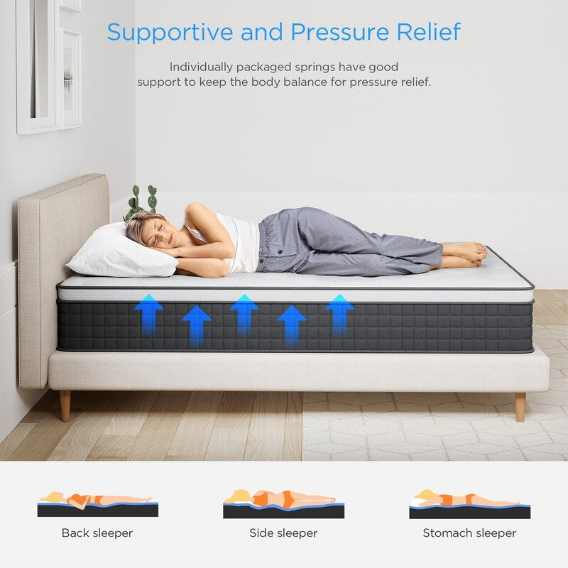 Materasso ibrido da 12 pollici in una scatola con memory foam in gel, sollievo dal mal di schiena e raffreddamento, supporto medio-rigido