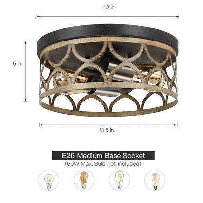 Plafoniera da soffitto a filo da 12 pollici a 2 luci color bronzo e legno - 12 W