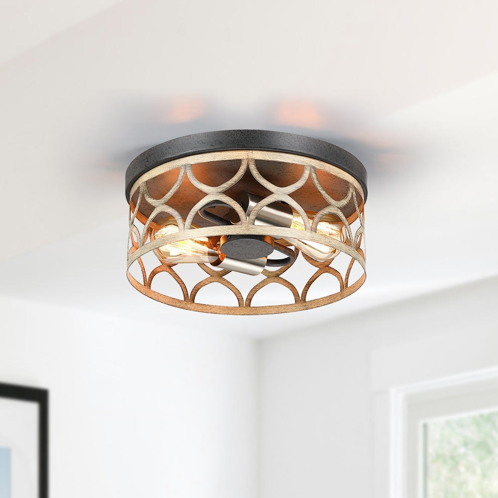 Plafoniera da soffitto a filo da 12 pollici a 2 luci color bronzo e legno - 12 W