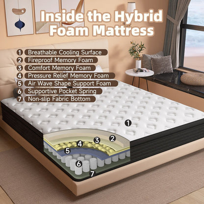 Materasso ibrido matrimoniale in memory foam Euro Top da 12 pollici di medie dimensioni in una scatola