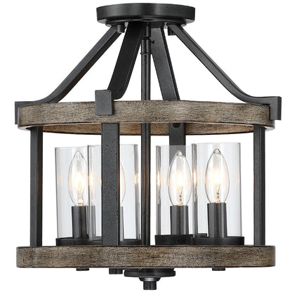 Lampada da soffitto semi-incassata moderna in ferro naturale e finto legno anticato da 12,5 pollici, 4 luci - 12,5 W