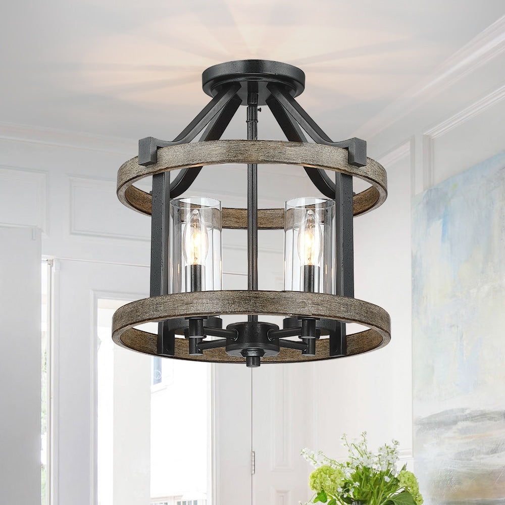 Lampada da soffitto semi-incassata moderna in ferro naturale e finto legno anticato da 12,5 pollici, 4 luci - 12,5 W