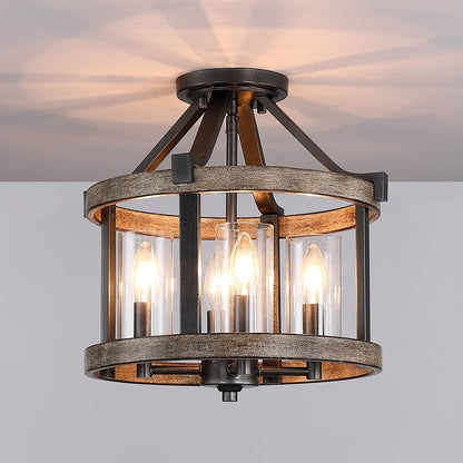 Lampada da soffitto semi-incassata moderna in ferro naturale e finto legno anticato da 12,5 pollici, 4 luci - 12,5 W