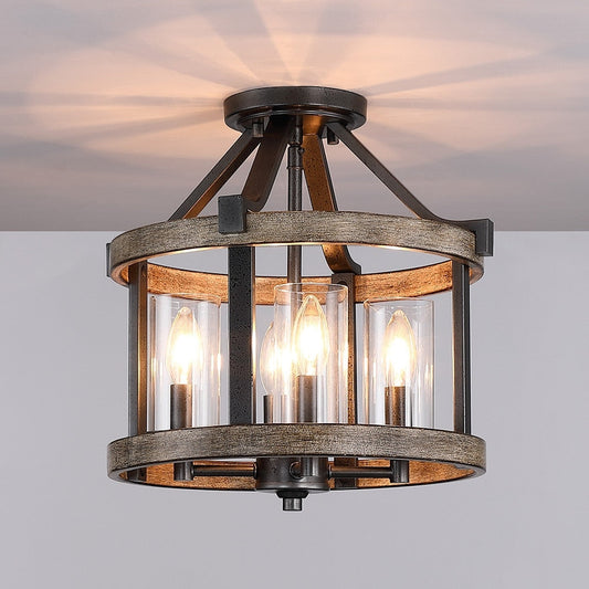 Lampada da soffitto semi-incassata moderna in ferro naturale e finto legno anticato da 12,5 pollici, 4 luci - 12,5 W