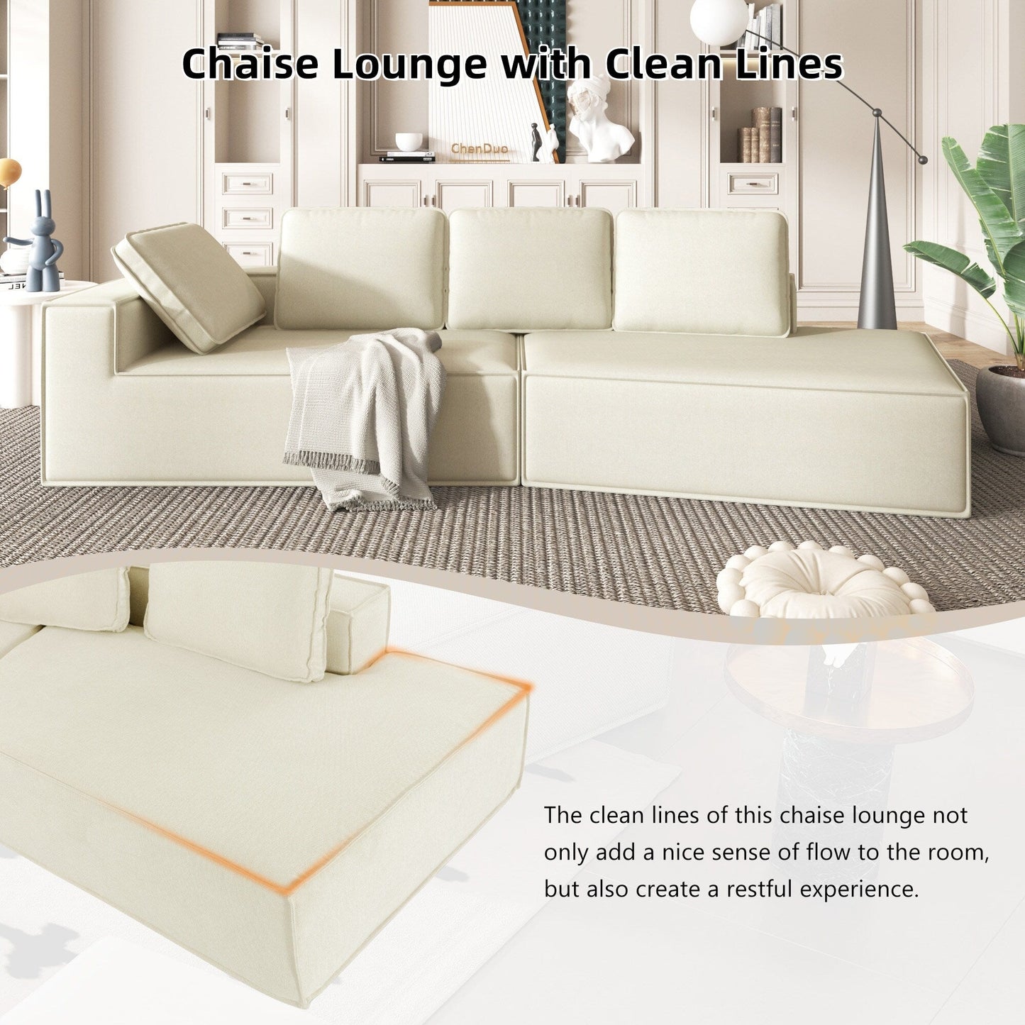125 Elegante divano letto moderno per interni con chaise longue, dalle linee pulite, per soggiorno, beige