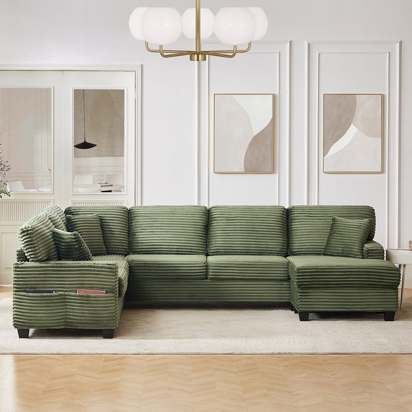 Divano componibile a U in velluto a coste da 125'' con pouf mobile