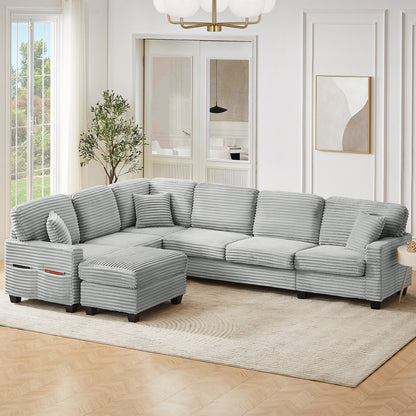 Divano componibile a U in velluto a coste da 125'' con pouf mobile