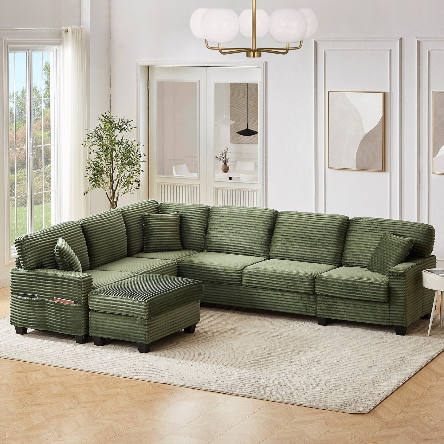 Divano componibile a U in velluto a coste da 125'' con pouf mobile