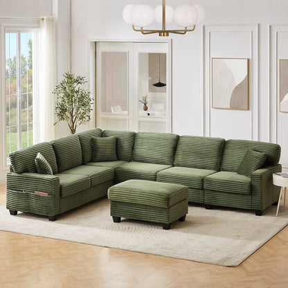 Divano componibile a U in velluto a coste da 125'' con pouf mobile