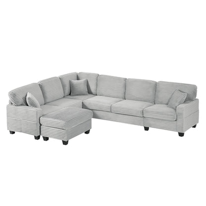 Divano componibile a U in velluto a coste da 125'' con pouf mobile