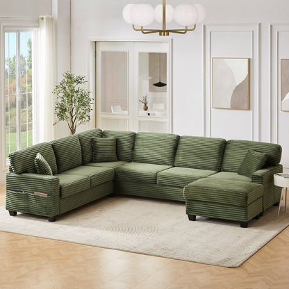 Divano componibile a U in velluto a coste da 125'' con pouf mobile