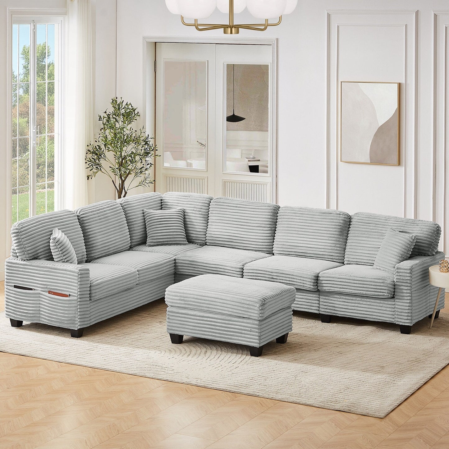 Divano componibile a U in velluto a coste da 125'' con pouf mobile