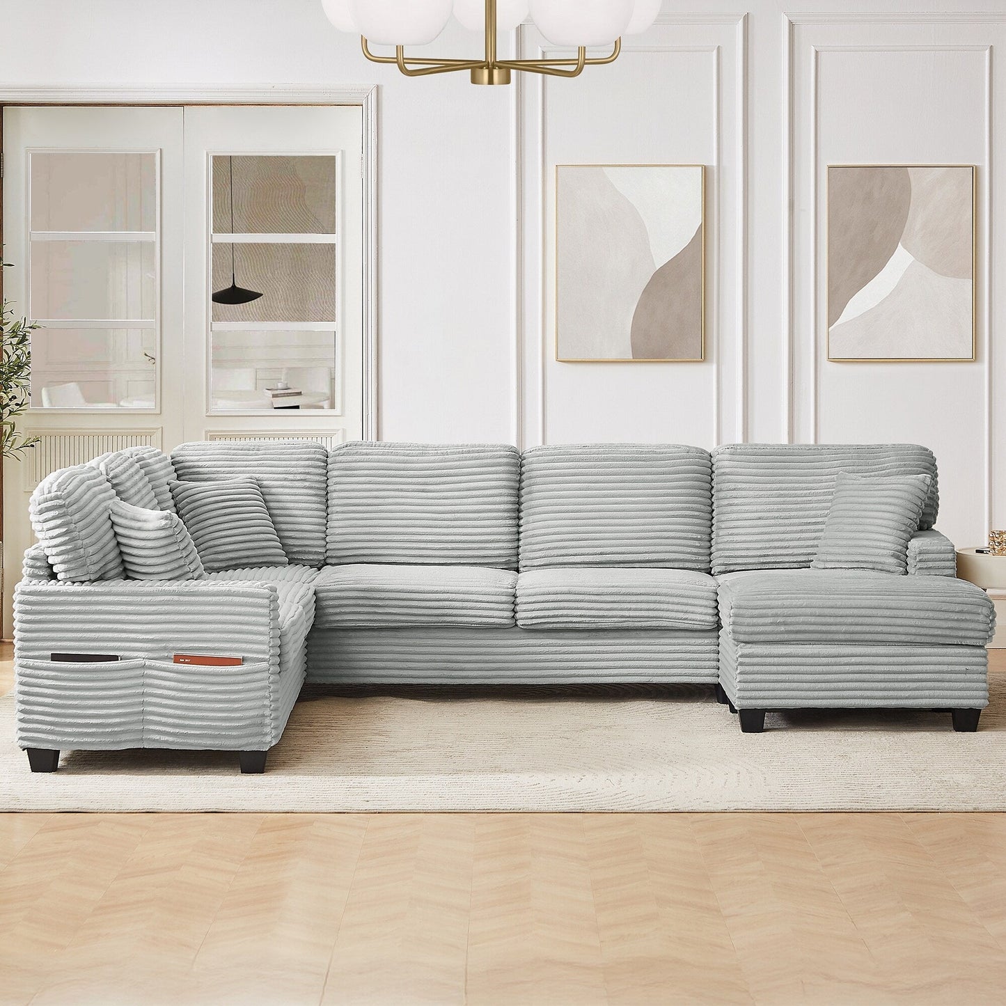 Divano componibile a U in velluto a coste da 125'' con pouf mobile