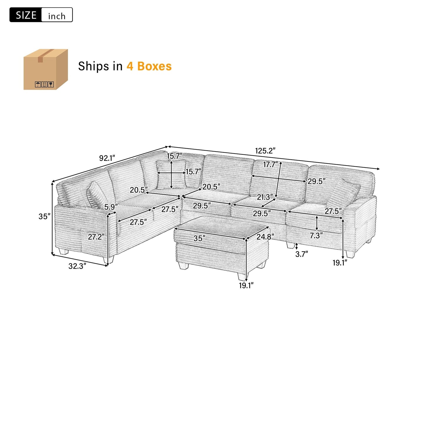 Divano componibile a U in velluto a coste da 125'' con pouf mobile