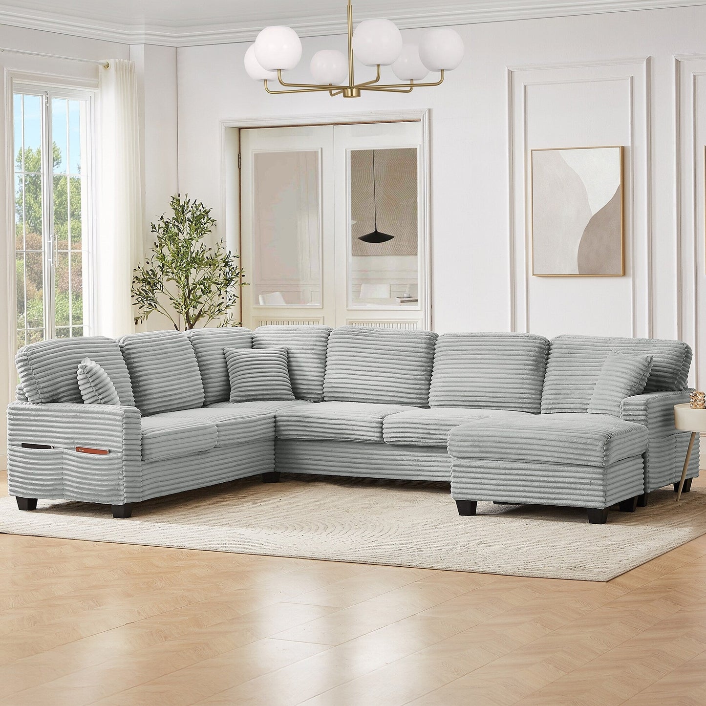 Divano componibile a U in velluto a coste da 125'' con pouf mobile