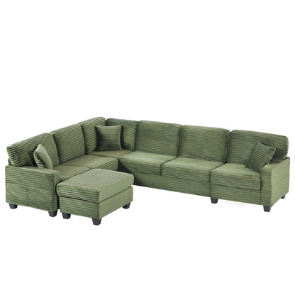 Divano componibile a U in velluto a coste da 125'' con pouf mobile