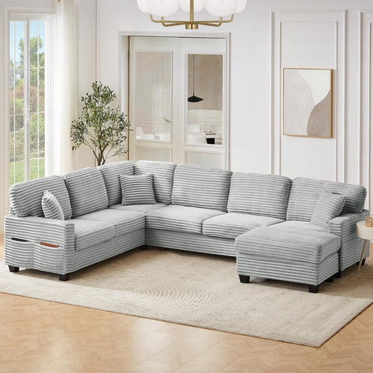 Divano componibile a U in velluto a coste da 125'' con pouf mobile