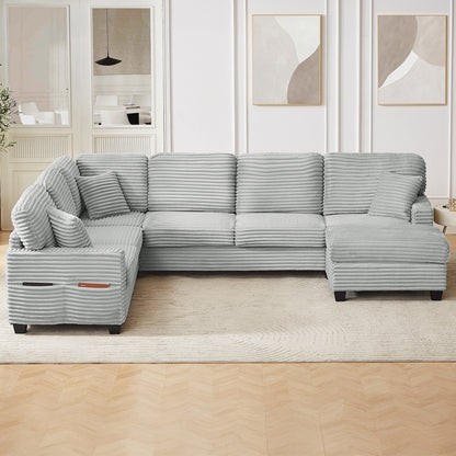 Divano componibile a U in velluto a coste da 125'' con pouf mobile