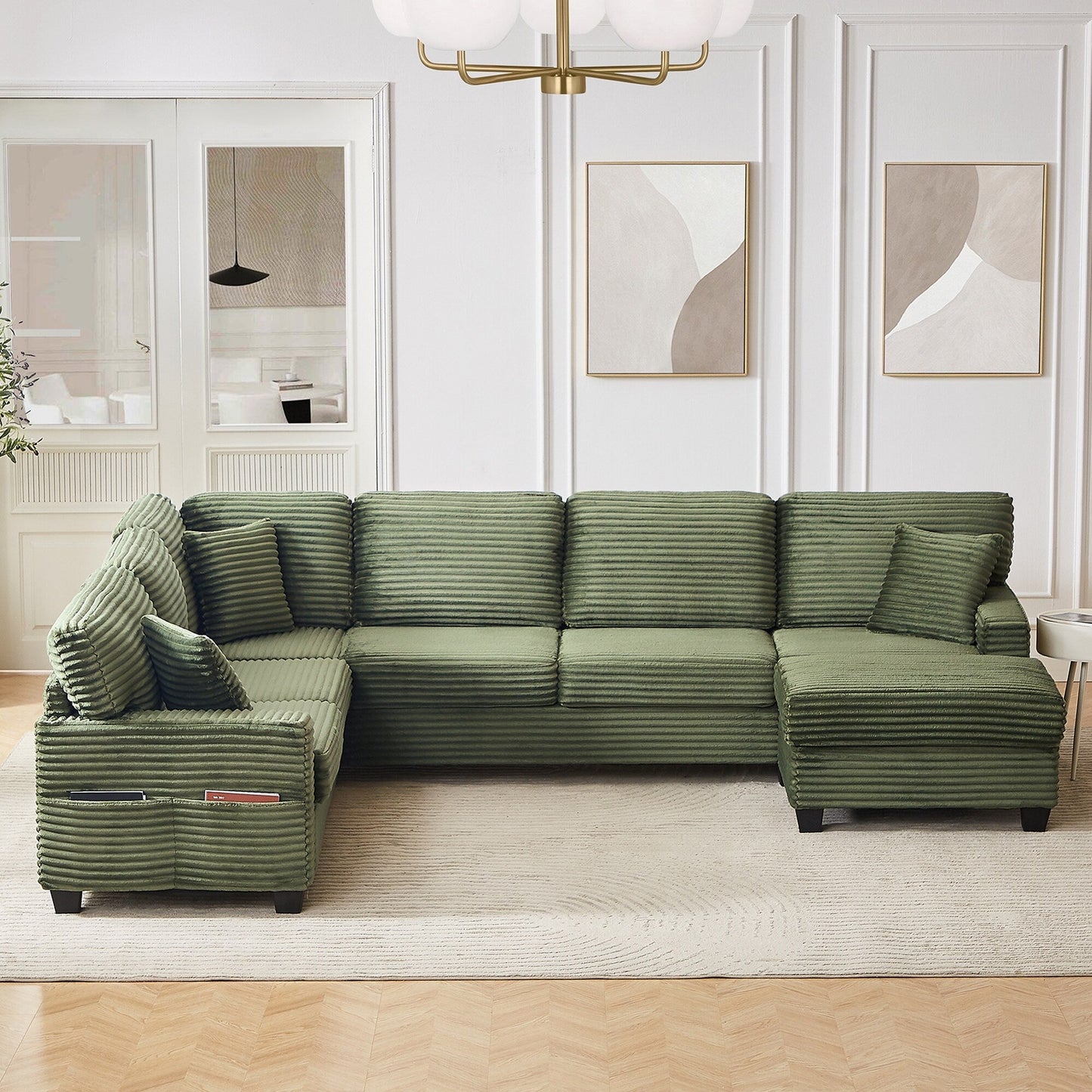 Divano componibile a U in velluto a coste da 125'' con pouf mobile