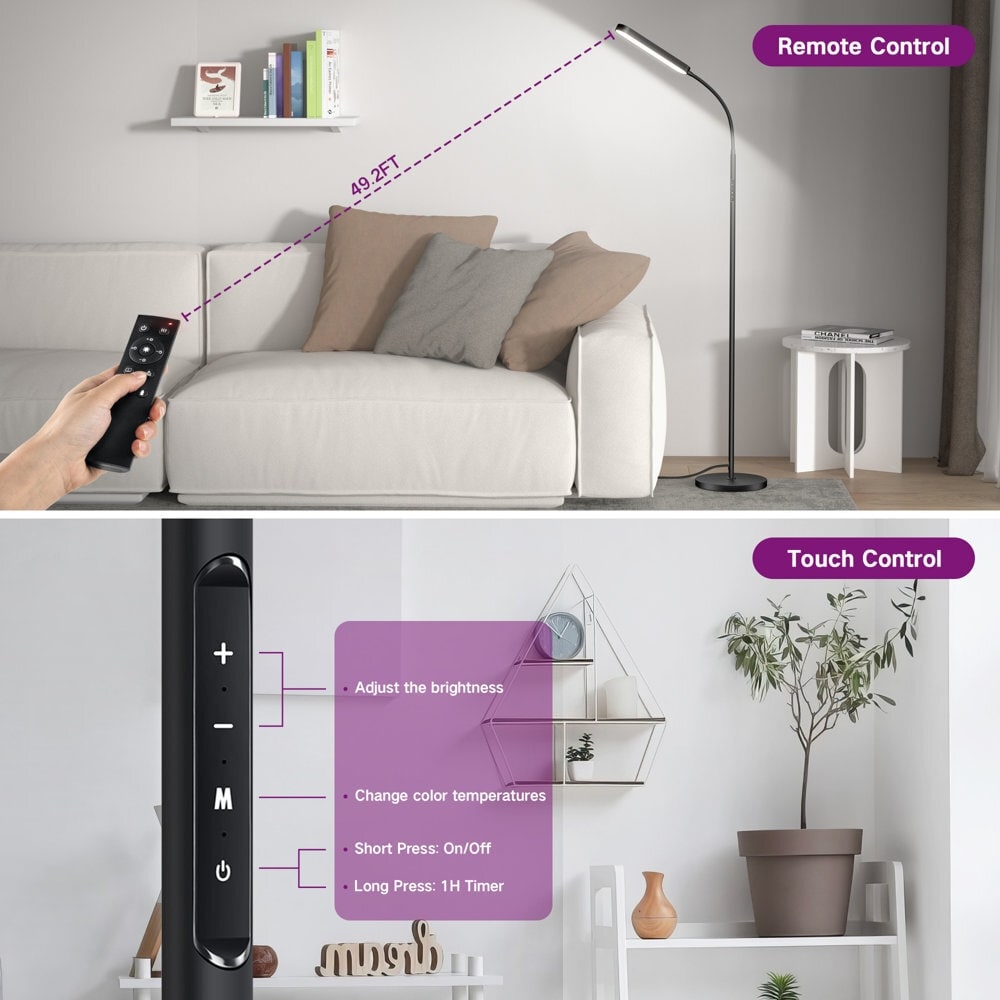 Lampada da terra a LED dimmerabile da 12 W per lettura/lavoro con telecomando e controllo touch - N/D