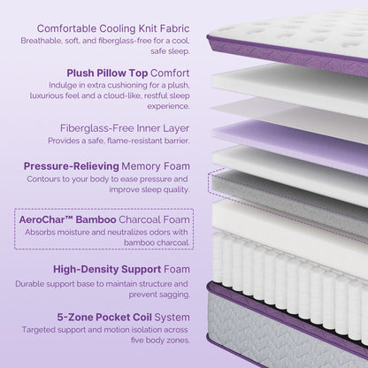 Materasso Pillow Top 12 Medium Firm - Schiuma di carbone di bambù, supporto a 5 zone, certificato CertiPUR-US?