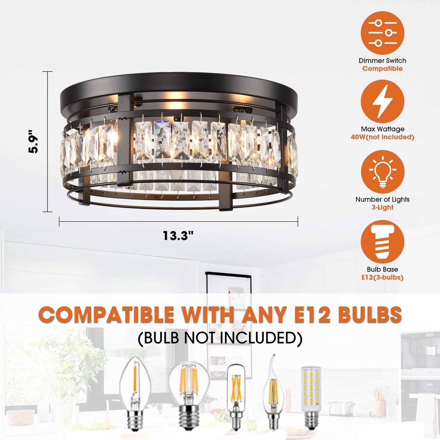 13.3 Lampadario moderno a 3 luci in cristallo nero da incasso per corridoio