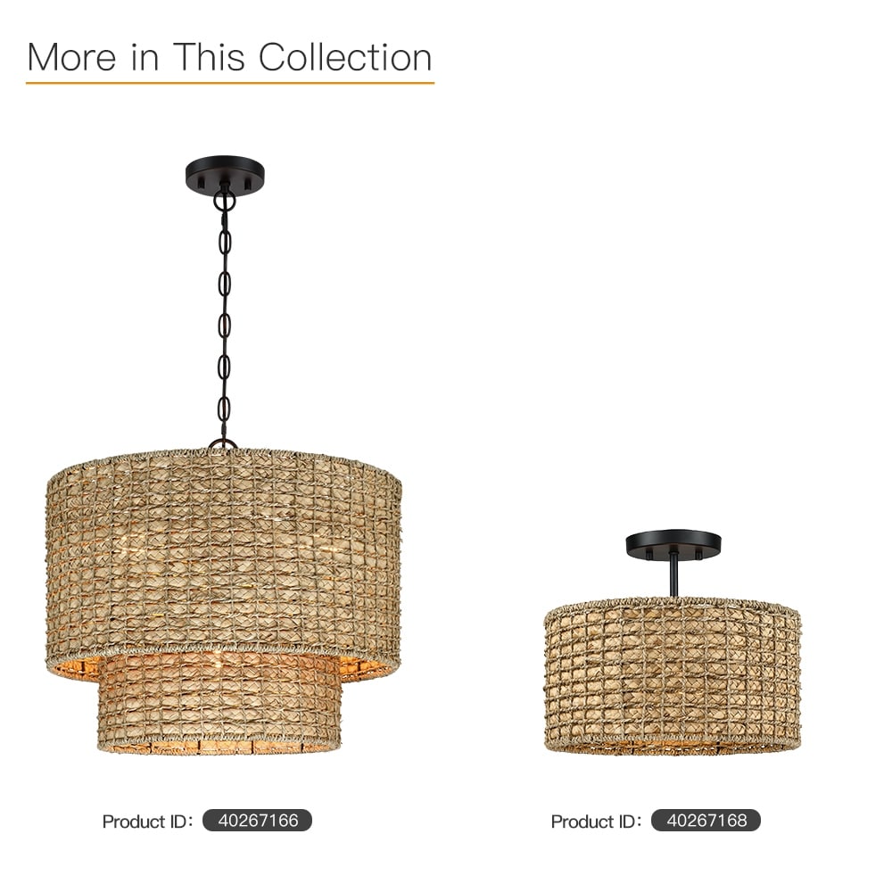 Lampada da soffitto semi-incassata a 2 luci in rattan naturale con rosone nero - Nero/terroso - Nero/Paglia - 13,6 pollici di larghezza