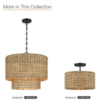 Lampada da soffitto semi-incassata a 2 luci in rattan naturale con rosone nero - Nero/terroso - Nero/Paglia - 13,6 pollici di larghezza