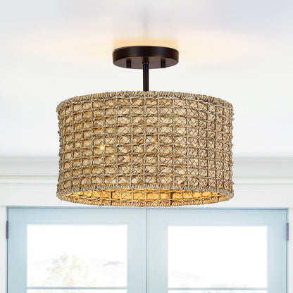 Lampada da soffitto semi-incassata a 2 luci in rattan naturale con rosone nero - Nero/terroso - Nero/Paglia - 13,6 pollici di larghezza