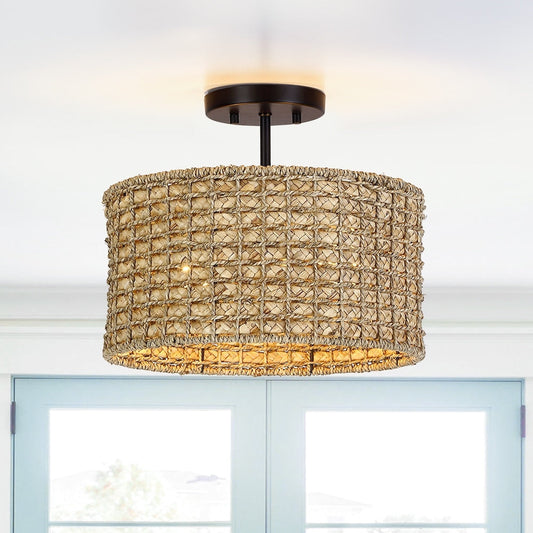 Lampada da soffitto semi-incassata a 2 luci in rattan naturale con rosone nero - Nero/terroso - Nero/Paglia - 13,6 pollici di larghezza