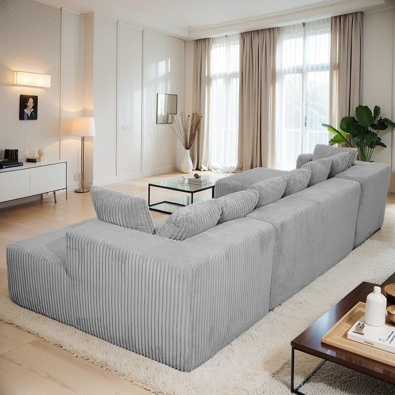 Divano modulare reversibile a U da 130 posti, 4 posti, in velluto a coste grigio a righe – Disposizione personalizzabile per soggiorno e camera da letto