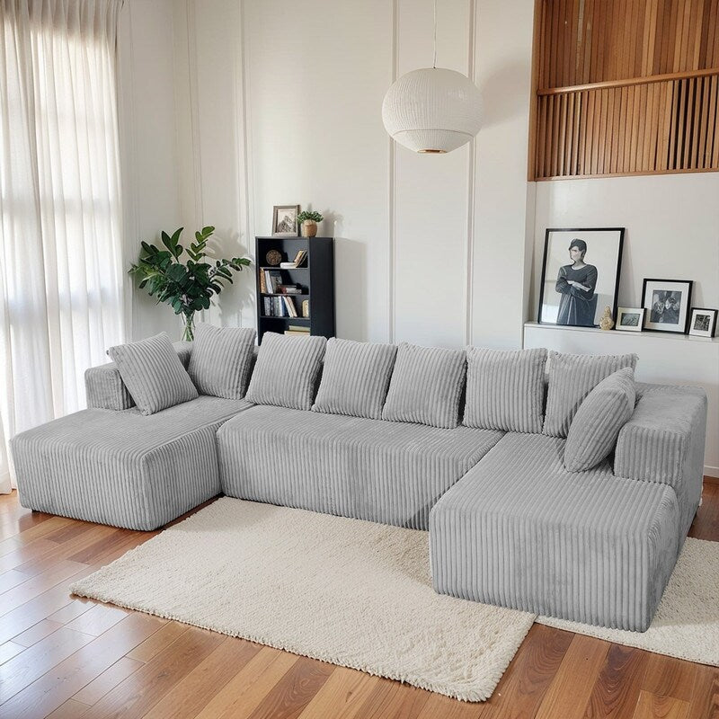 Divano modulare reversibile a U da 130 posti, 4 posti, in velluto a coste grigio a righe – Disposizione personalizzabile per soggiorno e camera da letto