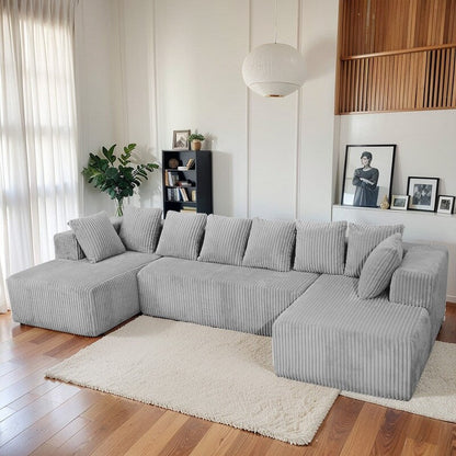 Divano modulare reversibile a U da 130 posti, 4 posti, in velluto a coste grigio a righe – Disposizione personalizzabile per soggiorno e camera da letto
