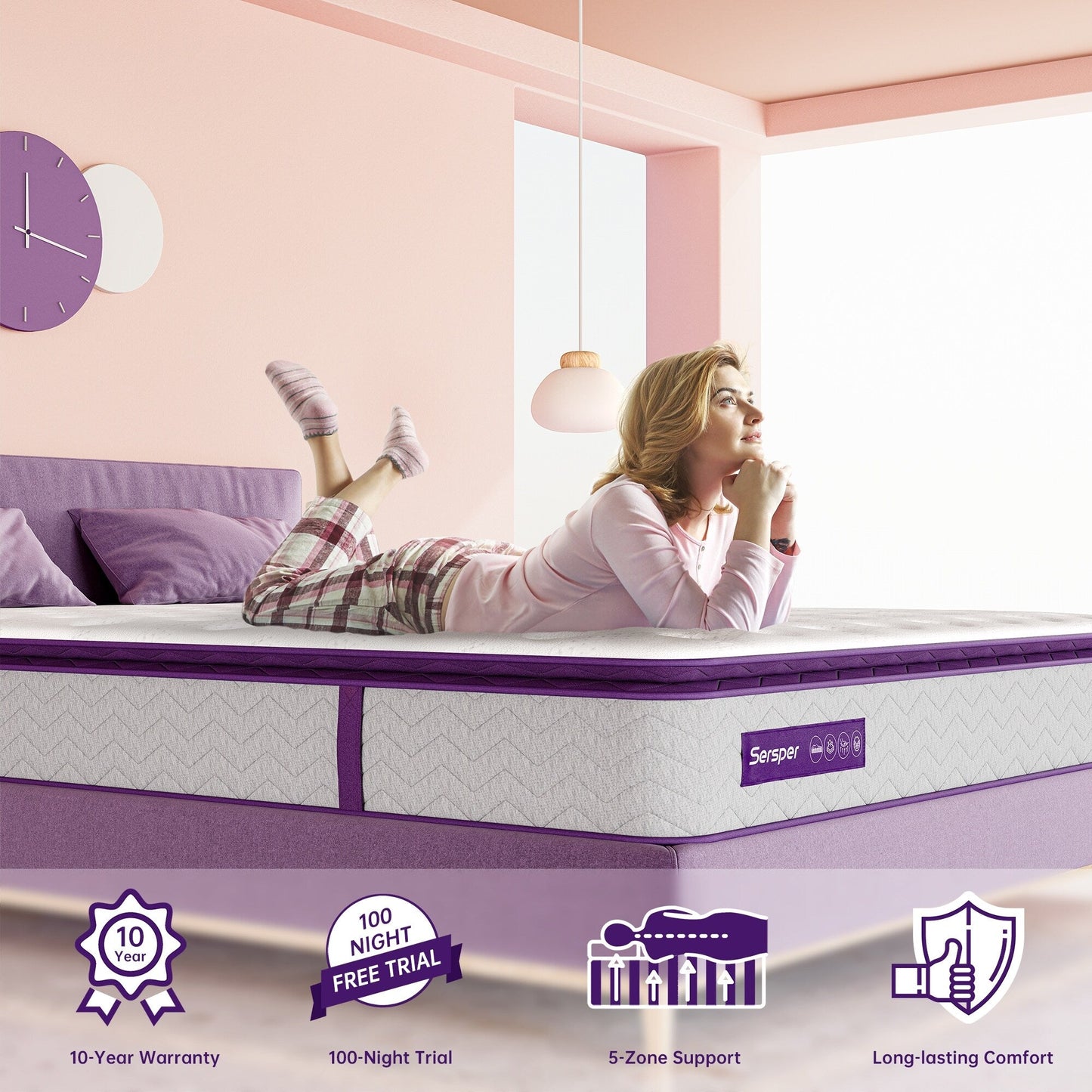 Materasso ibrido da 14 pollici per letto matrimoniale e king size con pillow top, supporto per bordi a molle, traspirante e delicato sulla pelle, basso trasferimento del movimento