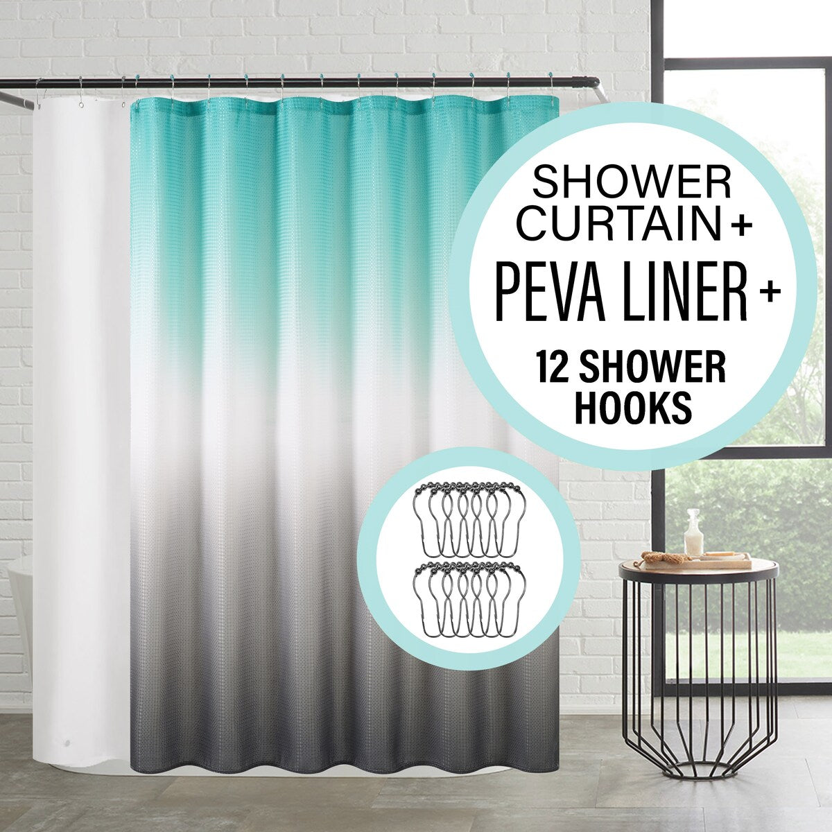 Set da bagno/doccia da 14 pezzi - Tenda da doccia sfumata, ganci e rivestimento in PEVA